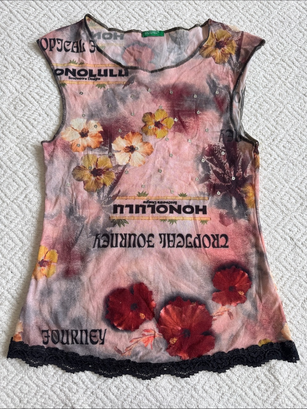 Vintage Italian United Colors Of Benetton  Pink Floral Mesh Tank Top Sz S